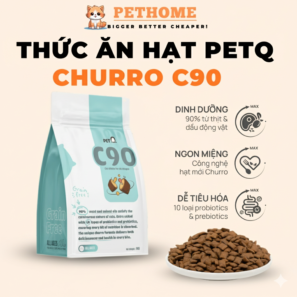 Thức Ăn Hạt Cho Mèo PetQ Churro C90, 90% Thịt & Dầu Động Vật 40% Protein, Ngon Miệng, Dễ Tiêu Hóa