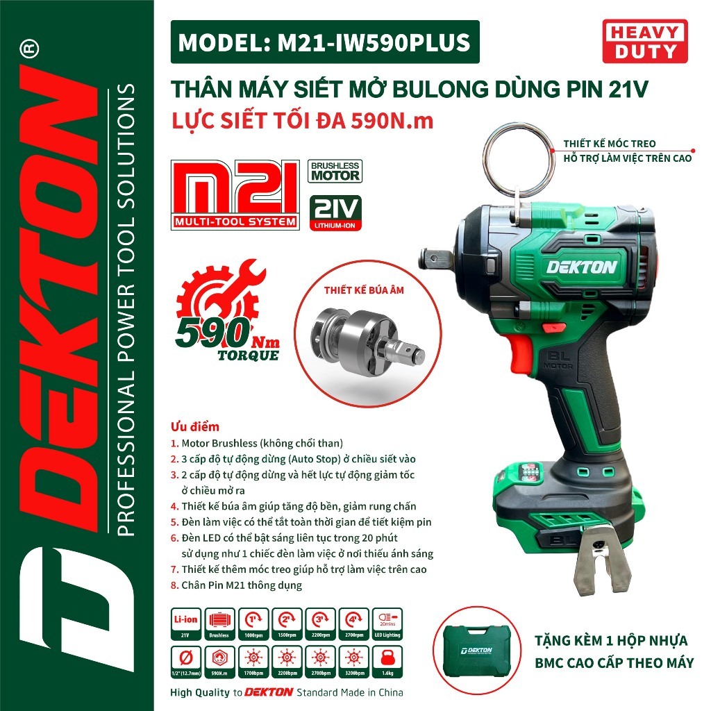 Máy Siết Bulong Dùng Pin Dekton M21-IW590 PLUS ( Chưa có pin và sạc)