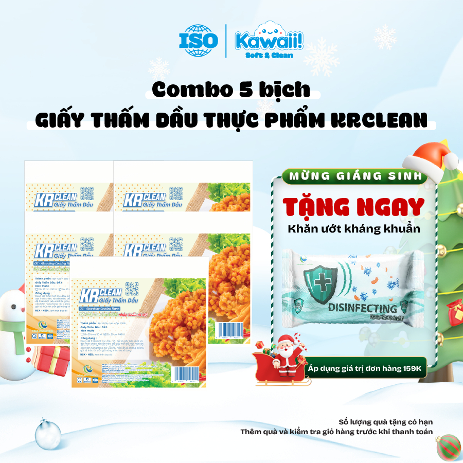 Combo 5 bịch giấy thấm dầu thực phẩm Krclean 15x20/ 25x25cm 80 tờ, giấy hút dầu mỡ thức chiên rán, t
