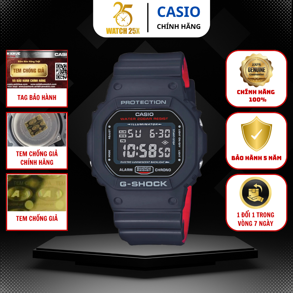 Đồng Hồ G-Shock Nam CASIO DW-5600HR-1DR Watch25x Thiết Kế Mặt Vuông Classic - Dây Nhựa 2 Lớp Bền Bỉ