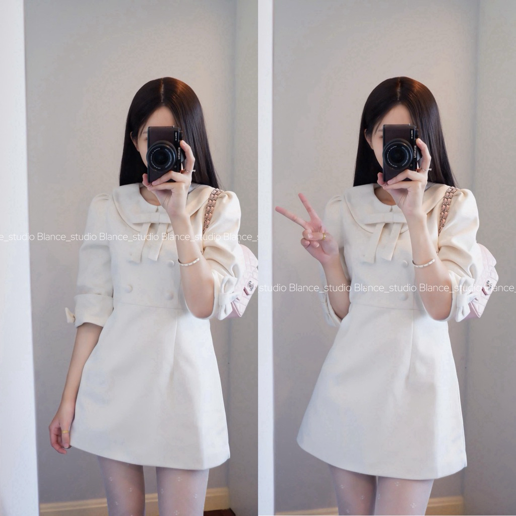 BLANCE STUDIO/ Váy tay lửng tiểu thư chất nỉ kèm nơ (Sẵn S/M)