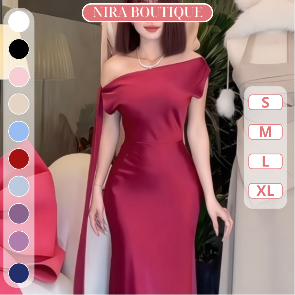 Đầm Lụa Lệch Vai Chất Phi Lụa 2 Lớp Form Chuẩn-H03-Nira.Boutique