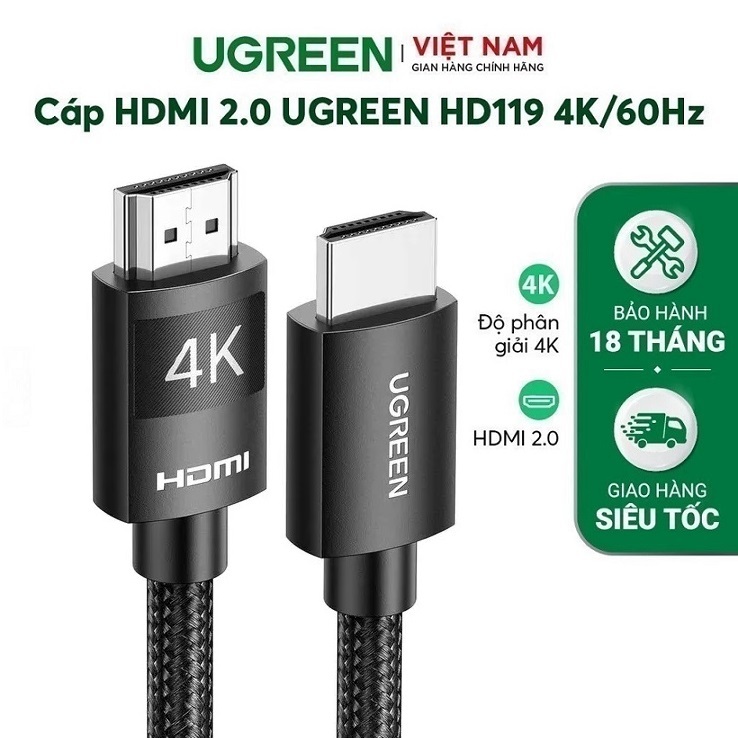 Cáp HDMI 2.0 cao cấp, độ phân giải cao 4K/60Hz dây bọc nylon chính hãng Ugreen HD119 - Bảo Hành 18 T