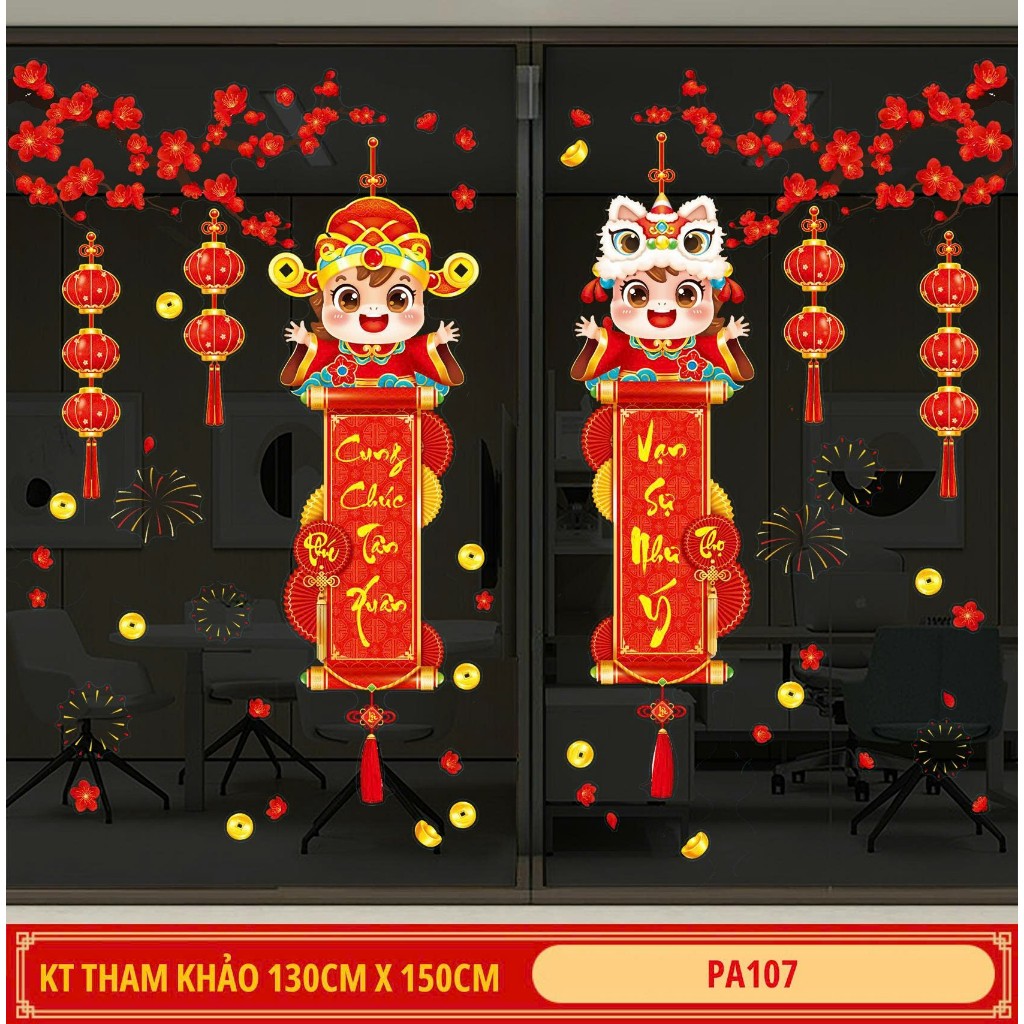Tranh decal tĩnh điện dán cửa kính trang trí tết, decal tết PA107