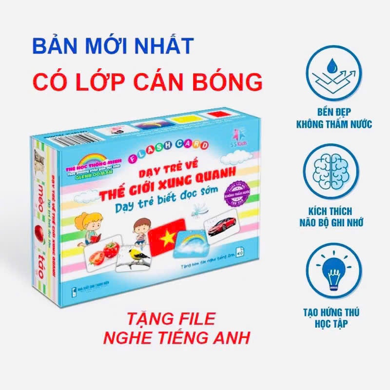 Thẻ học To khổ A5-15x21cm (Bìa Xanh Trắng) ép màng Không Thấm nước, Dạy bé về TGXQ 16 chủ đề 120 thẻ