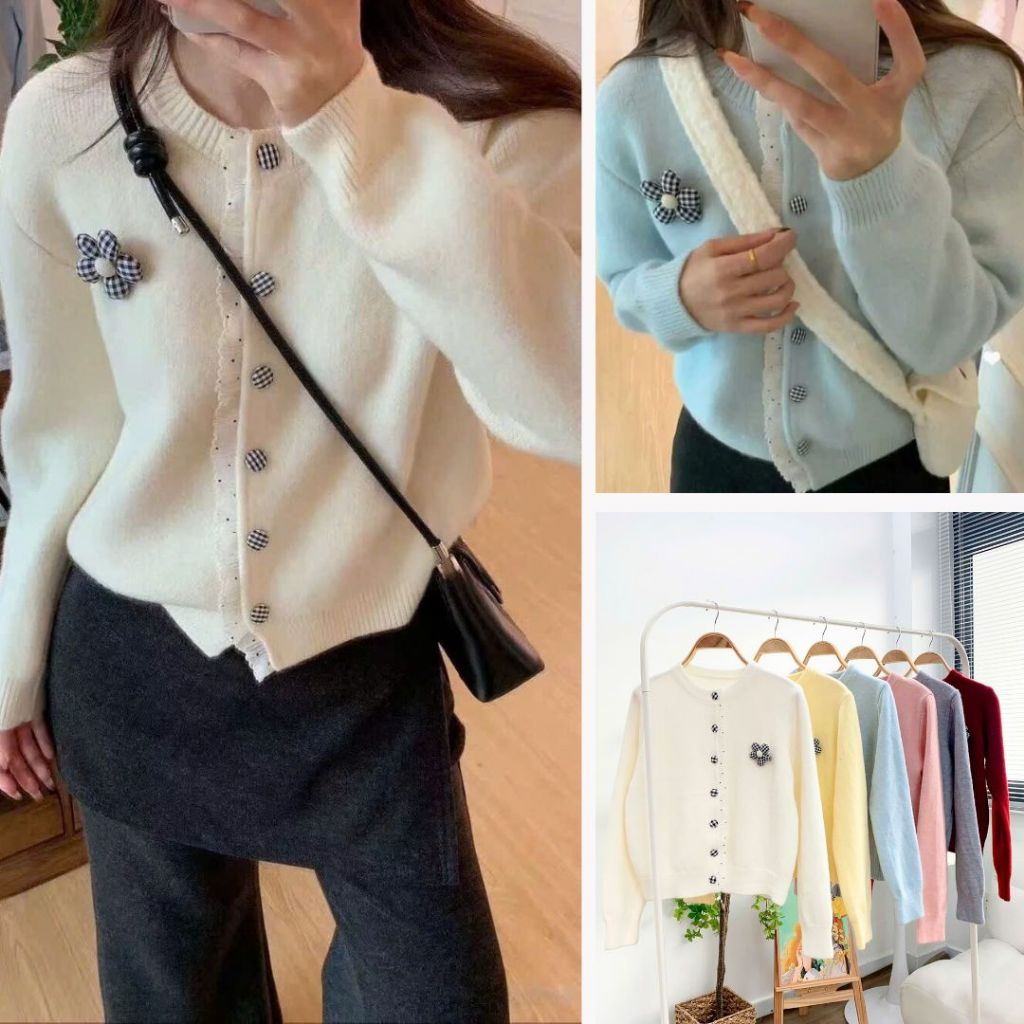 Áo Len Phối Viền Ren Hoa Cài Dáng Lửng Dài Tay, Labibi