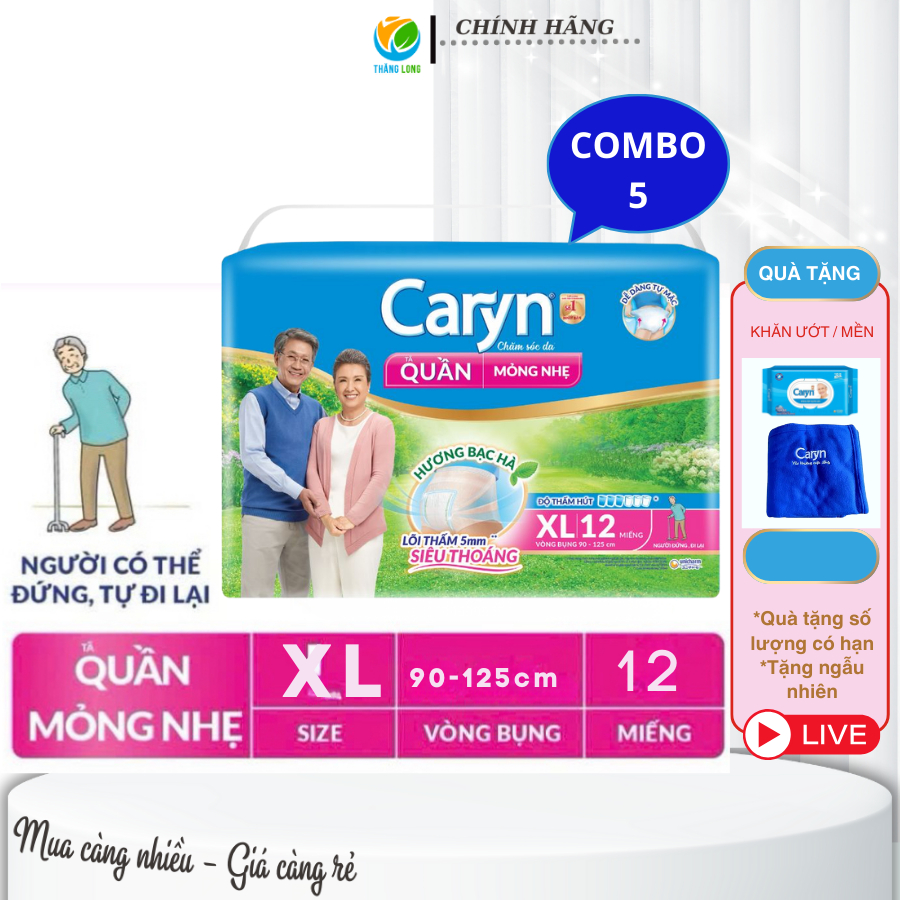 COMBO 5 Tã Bỉm Quần Người Lớn Caryn Mỏng Size XL 12 miếng