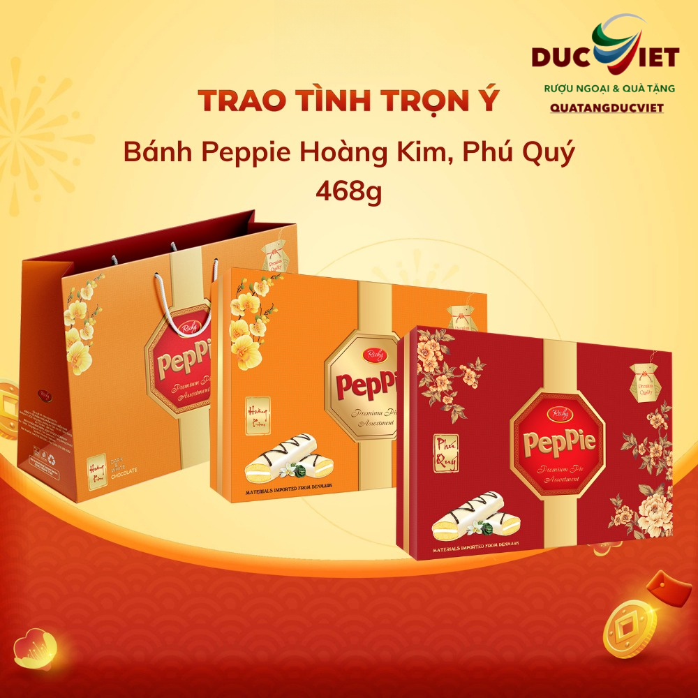 [TẾT 2026] Bánh Bông Lan Phủ Socola Peppie Hộp Giấy Hoàng Kim, Phú Quý - 468g (Có Túi Giấy)