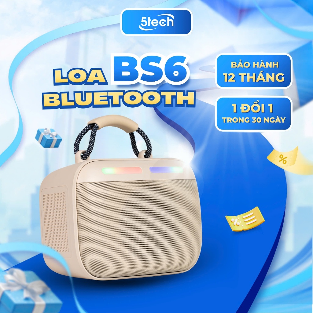 Loa bluetooth cho nữ 5TECH BS6, loa nghe nhạc cầm tay mini, bass hay, LED RGB,  thiết kế nhỏ gọn