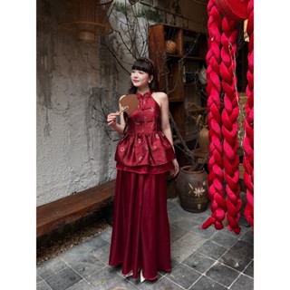  Set áo gấm cổ yếm nút tàu chân váy lụa lưng chun Ảnh thật Sẵn 