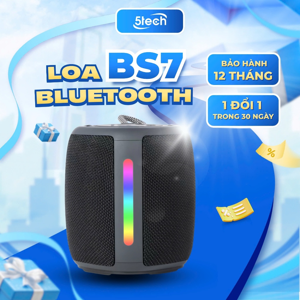 Loa bluetooth 5TECH BS7, loa nghe nhạc mini cầm tay, LED RGB, bass mạnh, pin trâu