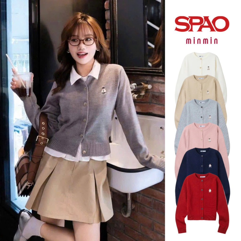 [AUTHENTIC 100%] Spao Korea áo cardigan len nữ cổ tròn thêu gấu Woodie chất len cao cấp chính hãng S