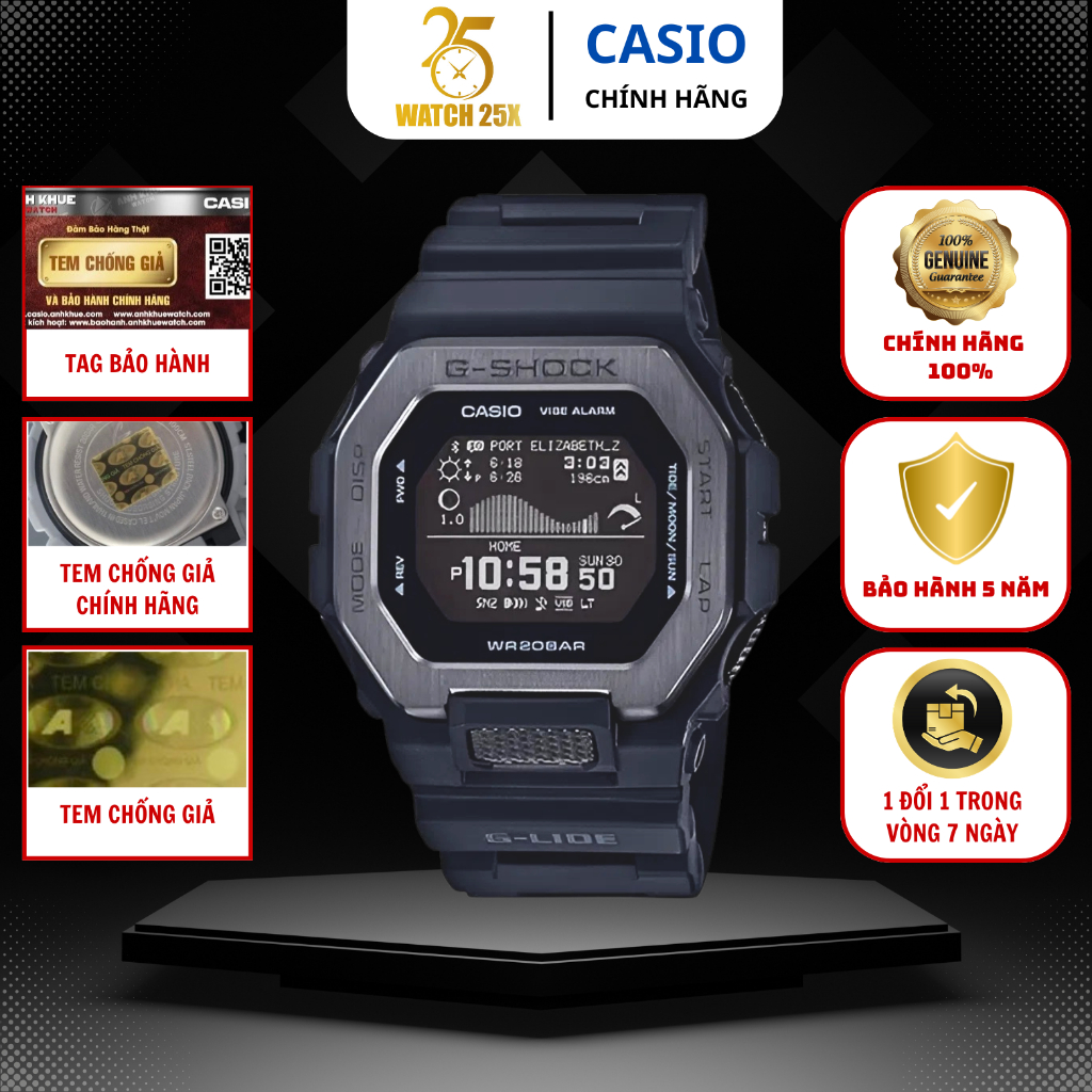 Đồng Hồ G-Shock GBX-100NS-1DR Watch25x Dòng Lướt Sóng Bluetooth Hiển Thị Đồ Thị Trăng & Thủy Triều