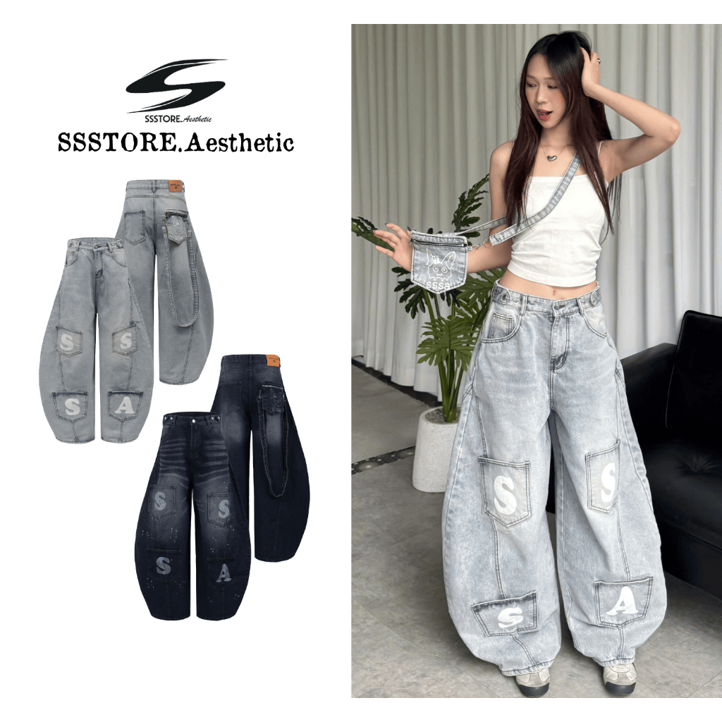 QUẦN JEANS PHỐI TÚI ĐEO CHÉO THÁO RỜI PREMIUM FORM RỘNG TÔN DÁNG NAM NỮ ĐAI SIẾT EO | SSSTORE.AESTHE
