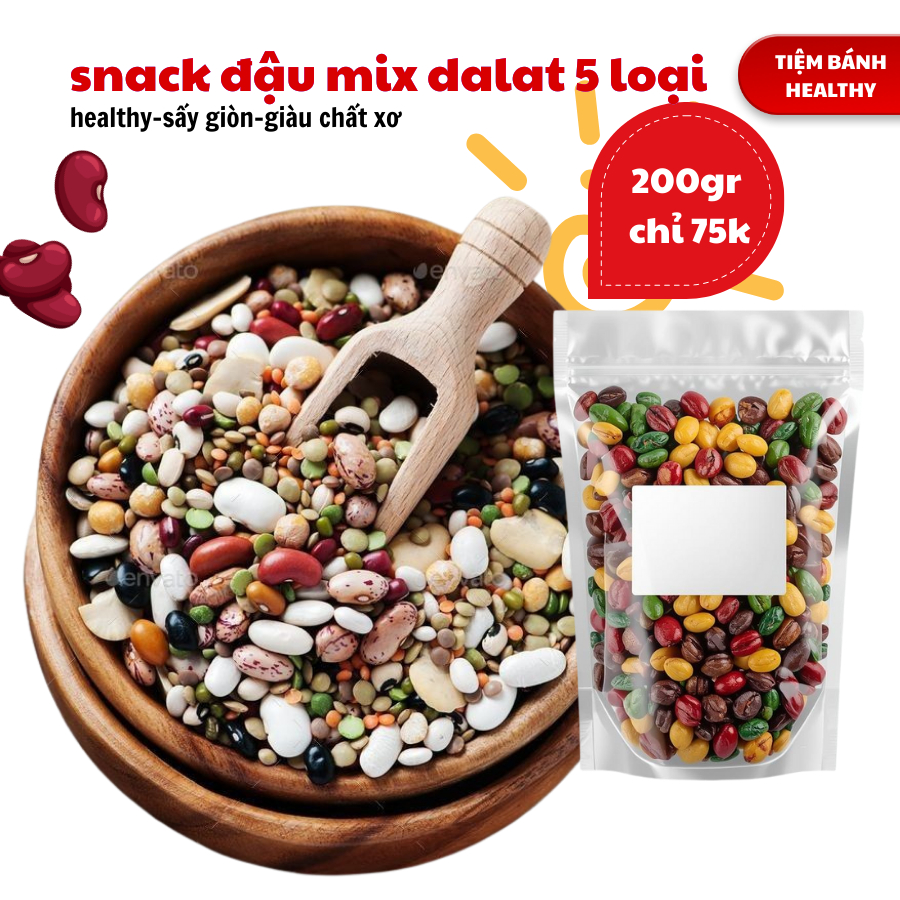 Snack Đậu Mix 5 Loại Đà Lạt 200g – Giàu Chất Xơ & Protein – Không Chiên – Ít Béo – Healthy Snack Tốt