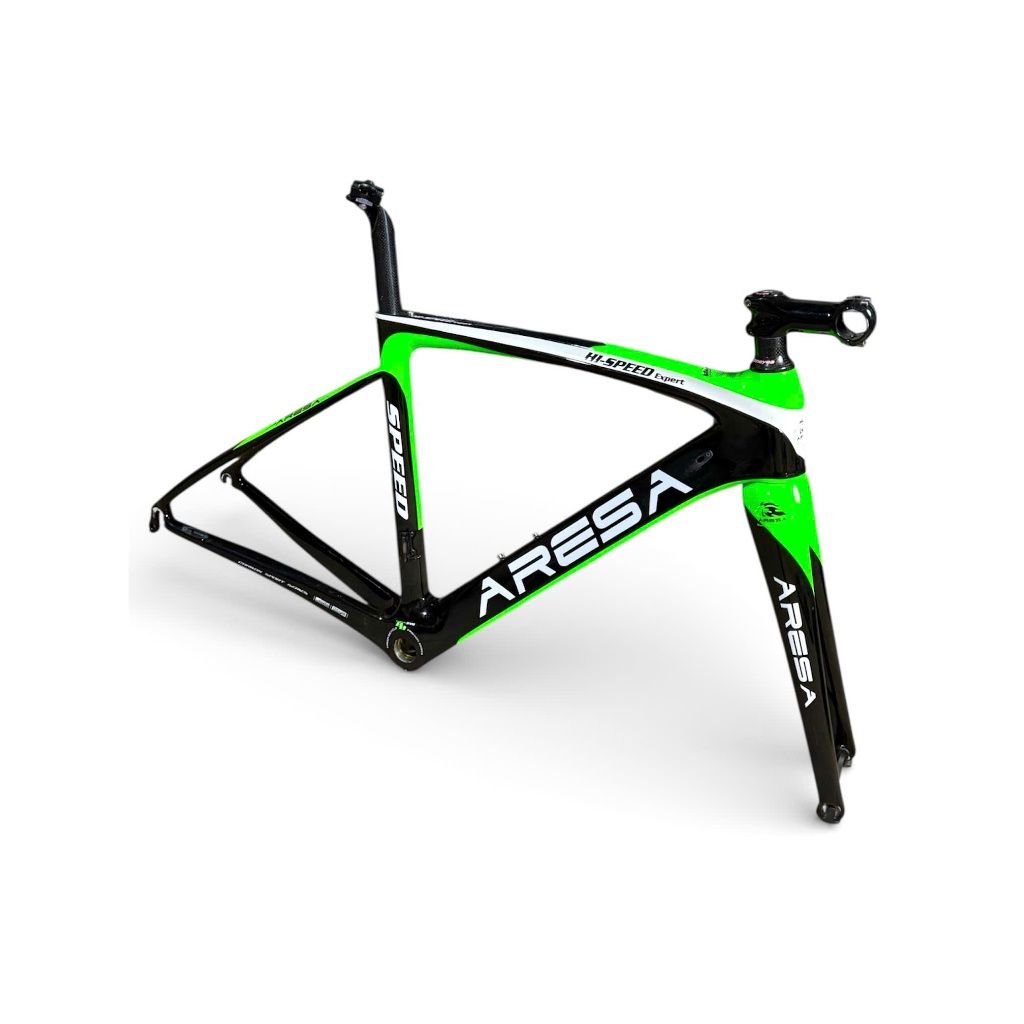 Sườn carbon Aresa cao 50cm ngang 52cm hàng chính hãng màu xanh lá đen, sườn thắng rim dành cho xe đạ