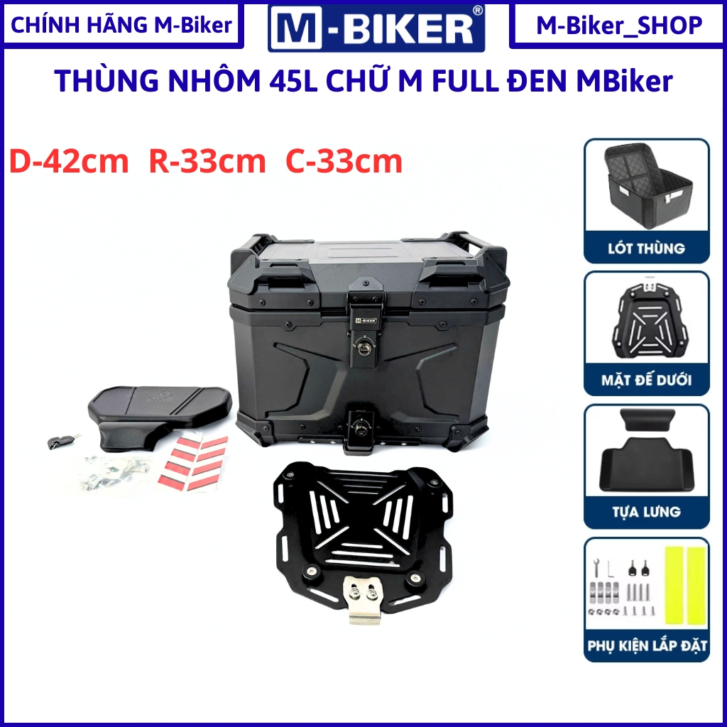 Thùng nhôm 45l MBiker, 35l 22l, thùng nhôm xe motor, thùng gắn xe máy, chính hãng mbiker