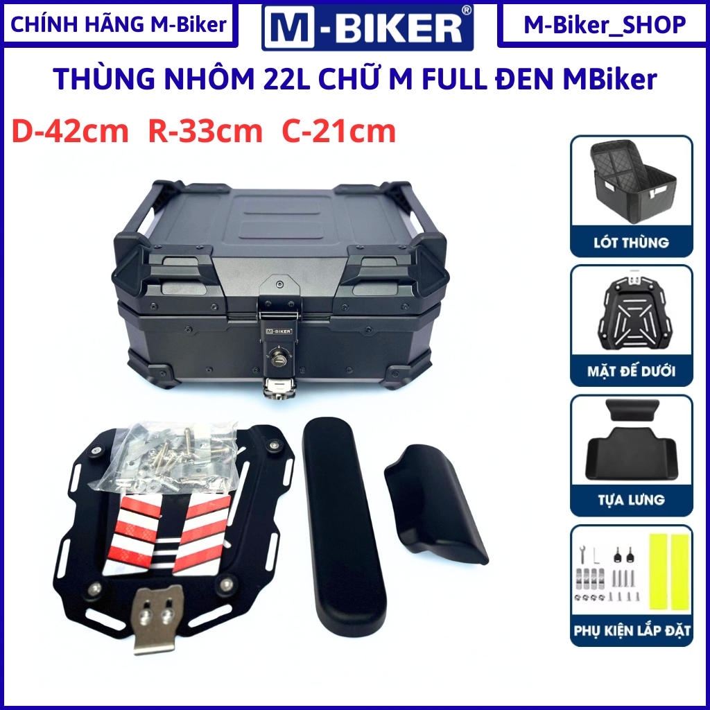 Thùng nhôm MBiker, 22l 28l 36l 45l, thùng nhôm xe, thùng nhôm gắn xe máy, đầy đủ phụ kiện mbiker