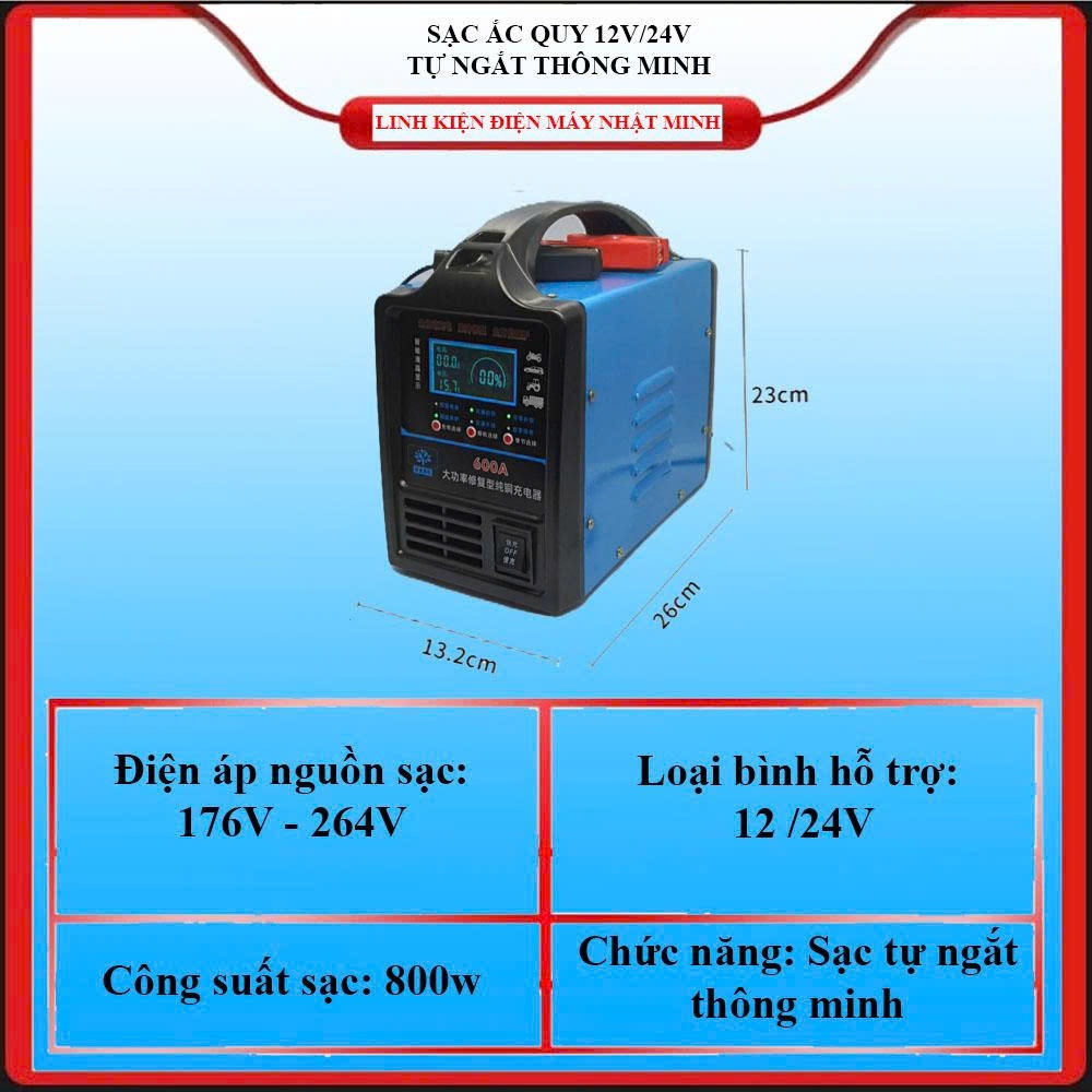 Máy sạc ac quy 12v 24v thông minh, cuộn nạp bằng ĐỒNG cho bình tới 600A