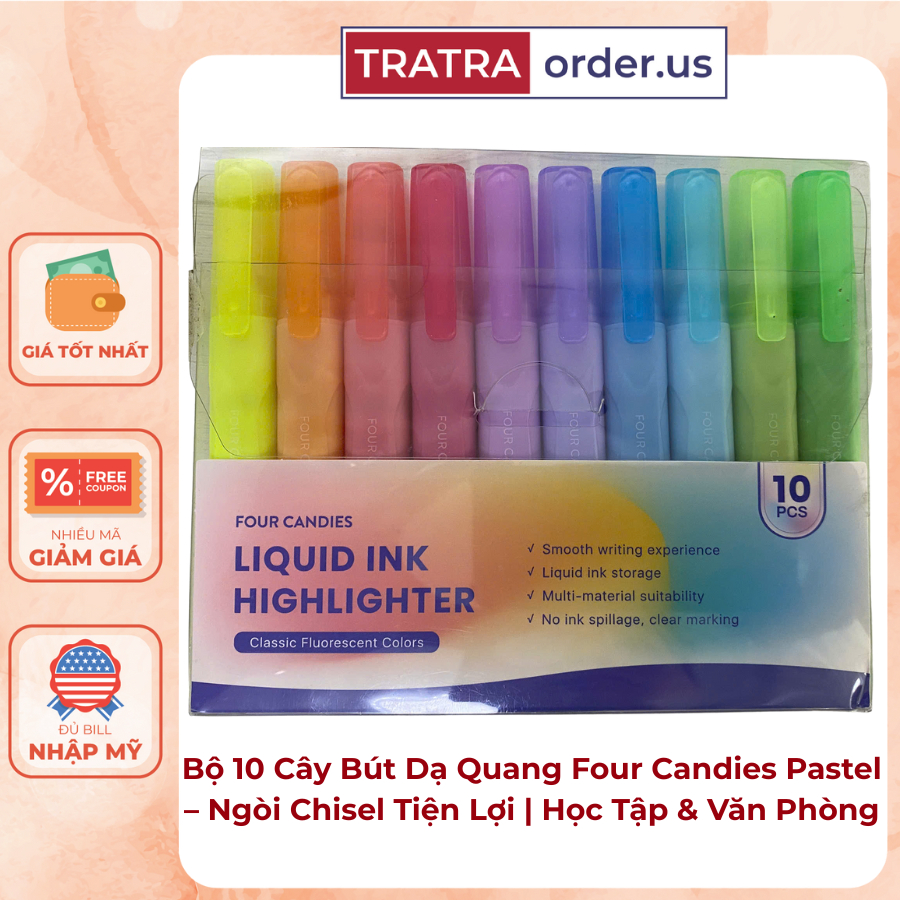 Bộ 10 Cây Bút Dạ Quang Four Candies Pastel – Ngòi Chisel Tiện Lợi | Học Tập & Văn Phòng