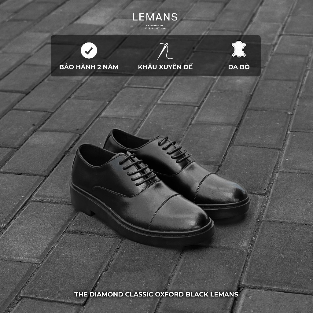 Giày da bò The Diamond Oxford Black LEMANS OF01.4, Đế độc quyền Lemans khâu đế, tăng cao 4cm Bảo hành 24 tháng