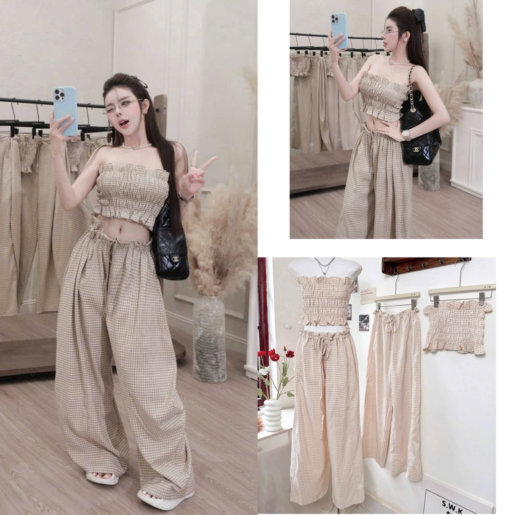 ( Sam’s Clothing ) Set áo nử croptop nhúng thun + Quần suông caro xinh xắn