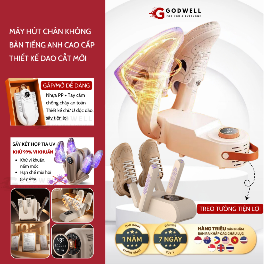 [BÁN CHẠY]Máy Sấy Giày GODWELL Sấy Kết Hợp Tia UV Khử Mùi Loại 99% Vi Khuẩn Bản 4 Cần Sấy Thông Minh