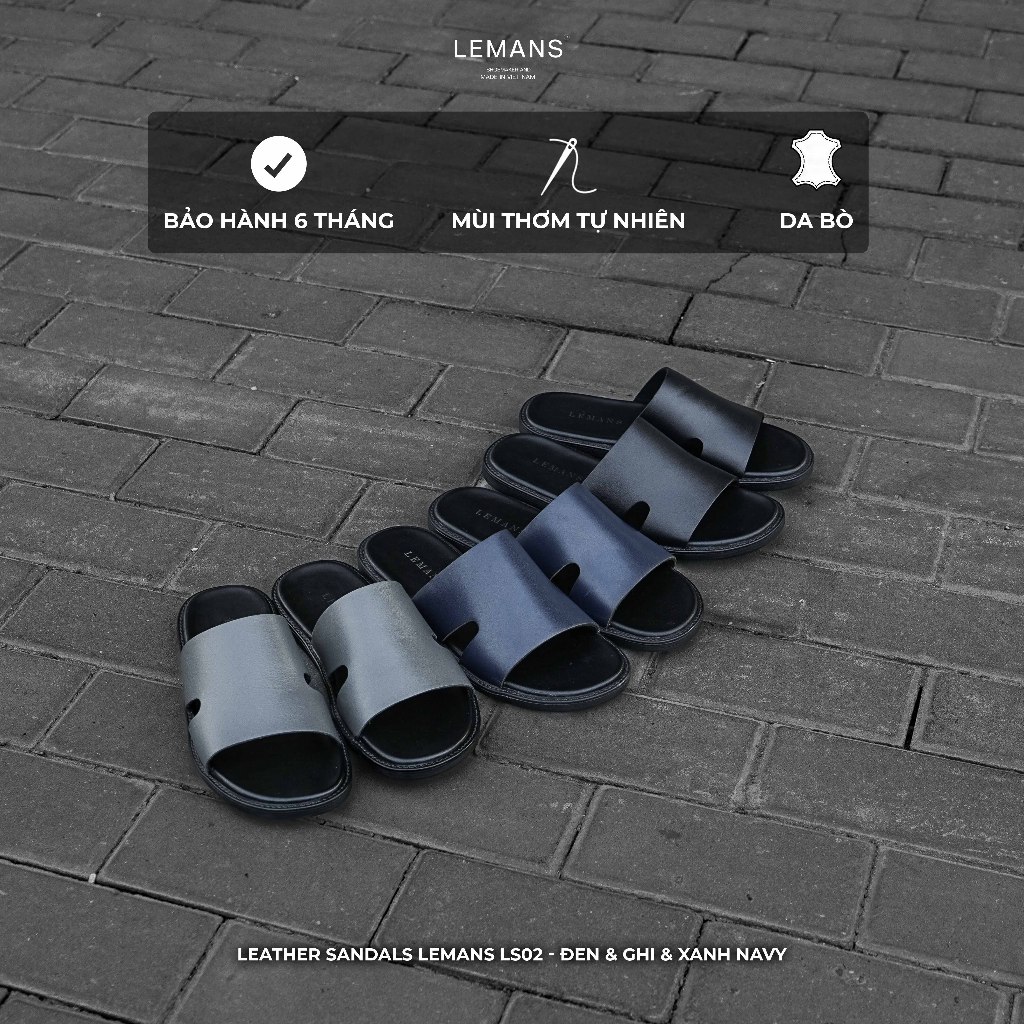 Dép da nam LEMANS L4S.02 - Dép quai ngang da bò, đế cao su có mùi thơm, thiết kế quai da 3 lớp chính