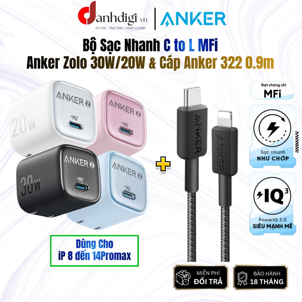 Bộ Sạc Nhanh Anker 20W/30W Anker Zolo A2698/A2699 & Cáp 322 C to L MFI Tương Thích iP8 đến 14promax