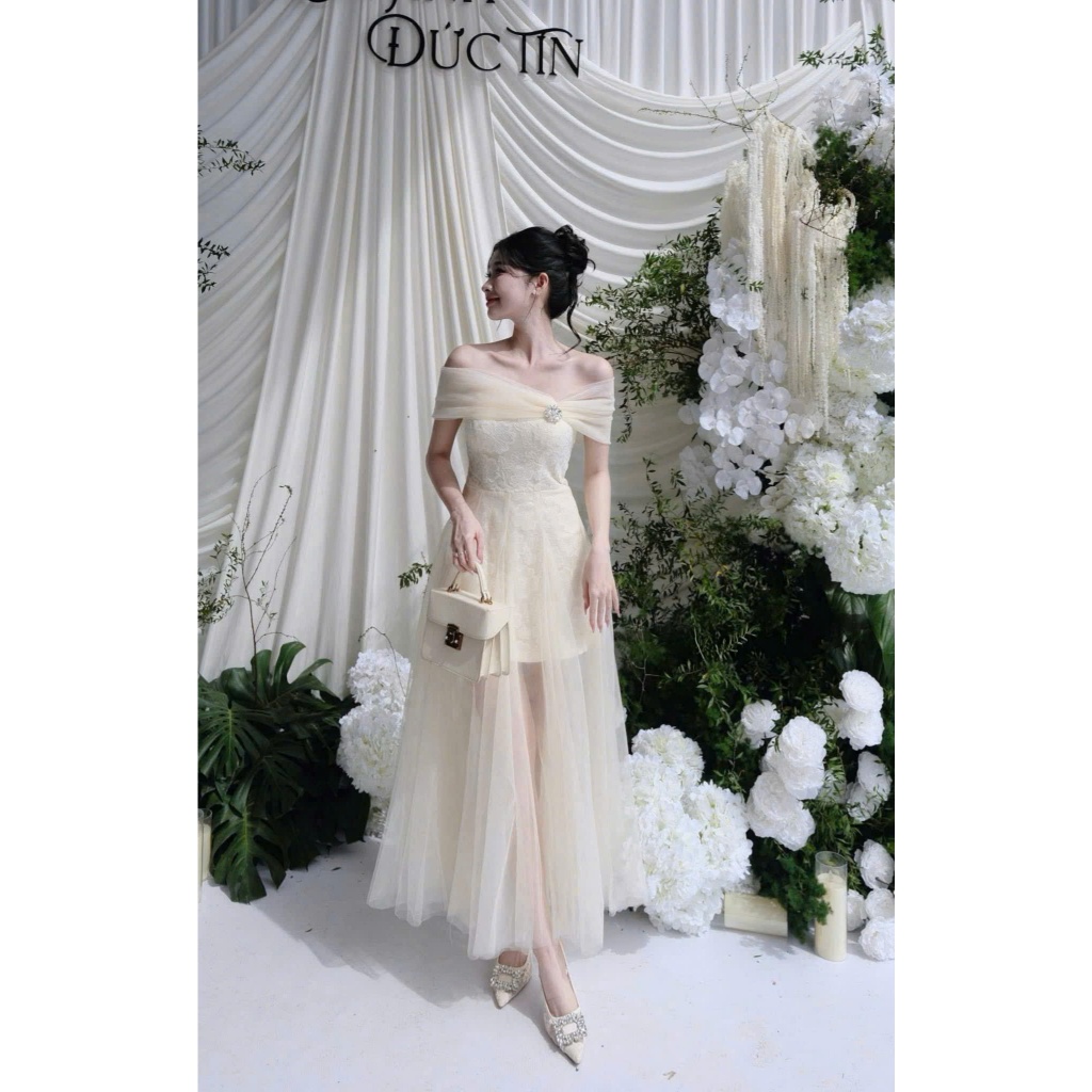 Đầm dự tiệc trễ vai ren hoa phối lưới xòe bồng NAVAS DRESS (kèm charm đá) | BigBuy360 - bigbuy360.vn