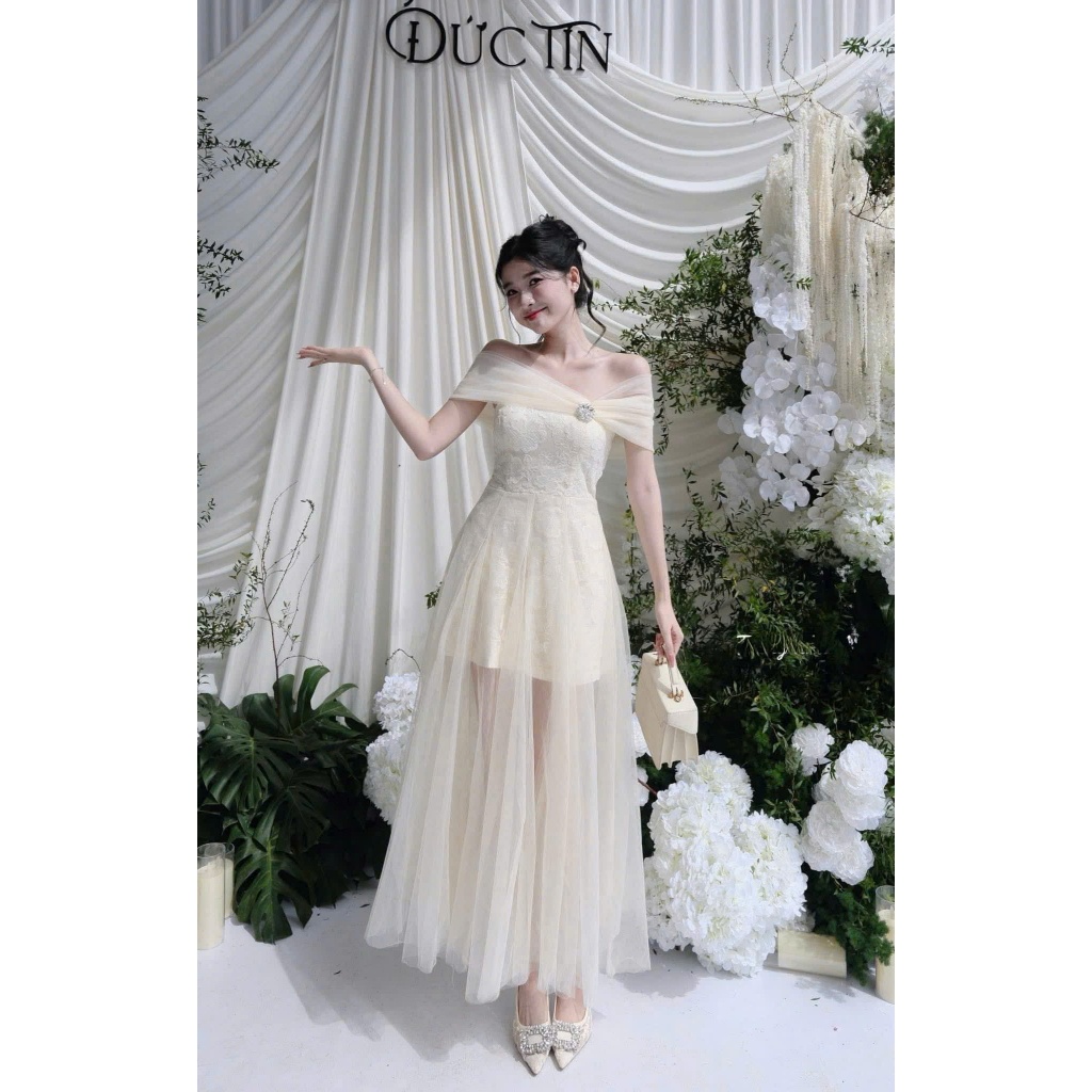 Đầm dự tiệc trễ vai ren hoa phối lưới xòe bồng