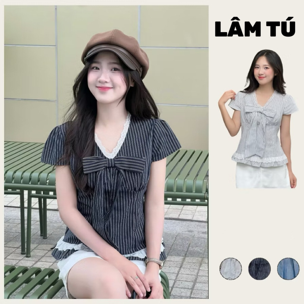 Áo sơ mi nơ kẻ sọc cổ tim phối ren kèm xinh xắn, Áo kiểu bèo gấu dễ thương thời trang LÂM TÚ MA9100