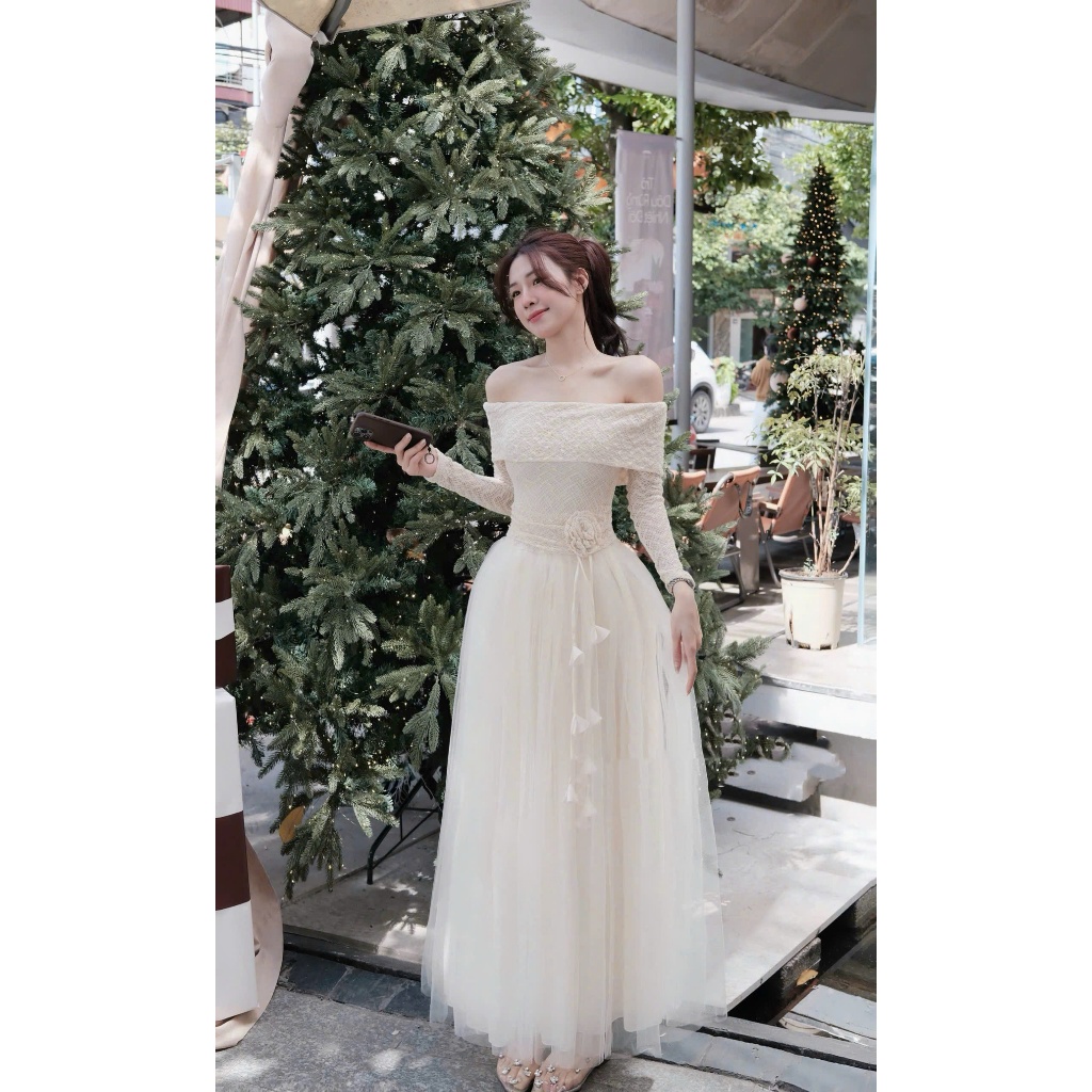 Váy Trễ Vai Dáng Xoè Phối Hoa Eo - Đầm Đi Tiệc Sang Chảnh Thiết Kế Mới | E34