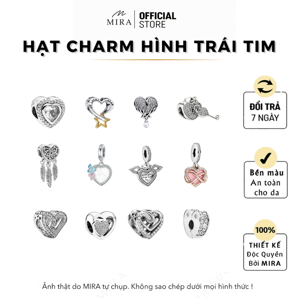 Hạt Charm PANDO02 Hình Trái Tim Đính Đá Chất Liệu Xi Bạc Thời Trang Cho Nữ MIRA STORE VN