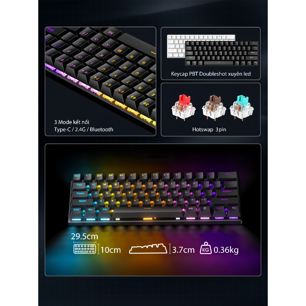 Bàn Phím Cơ G61 1 Mode Có Dây Type-C, 61 Phím Red Switch, Bàn Phím Gaming LED RGB, Gõ Êm, Nhỏ Gọn | BigBuy360 - bigbuy360.vn