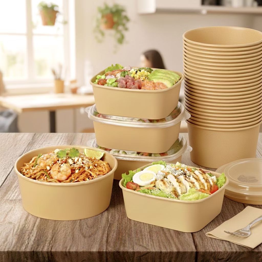 Tô giấy Kraft và hộp bento chữ nhật có nắp/không nắp 500ml, 750ml & 1000ml