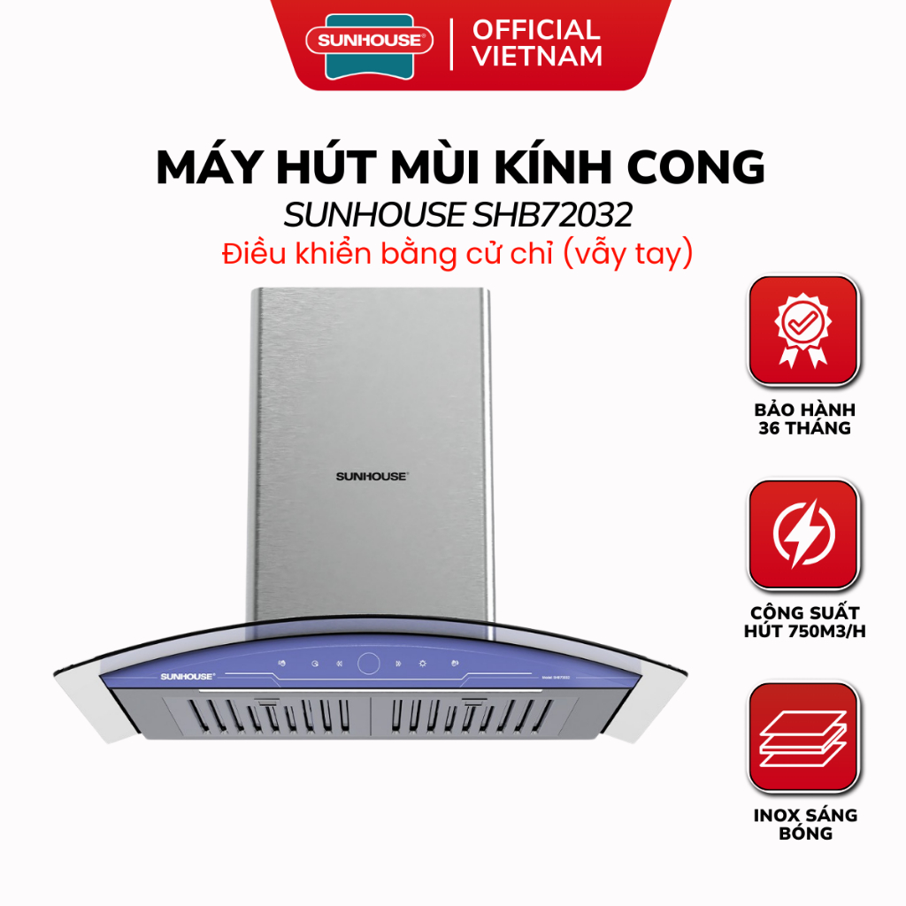 Máy Hút Mùi Kính Cong SUNHOUSE SHB72032 - Bảo Hành 36 Tháng Tại Nhà, Điều Khiển Bằng Cử Chỉ Vẫy Tay