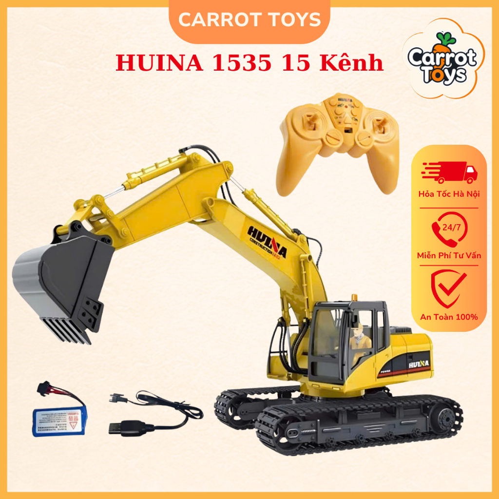 Xe Xúc Điều Khiển Từ Xa Huina 1:14 1535 15 Kênh, Máy Xúc Đồ Chơi RC Gầu Hợp Kim Cỡ Lớn