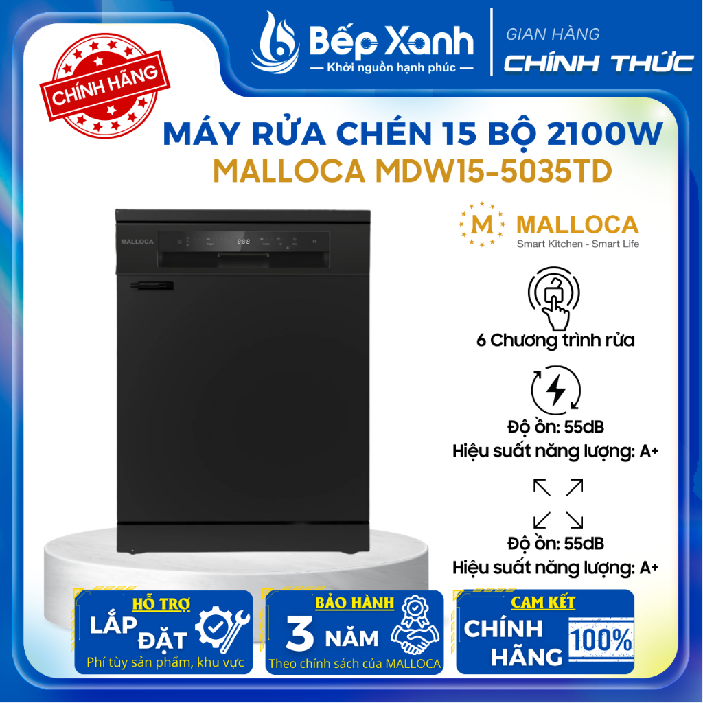 Máy rửa chén độc lập 15 bộ Malloca MDW15-5035TD - Đứng độc lập (hoặc lắp âm tủ) - Bảo Hành 3 Năm