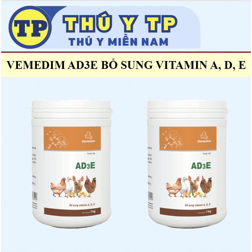 Vemedim AD3E lon 1kg bổ sung vitamin A,D,E tăng năng suất cho gia súc, gia cầm