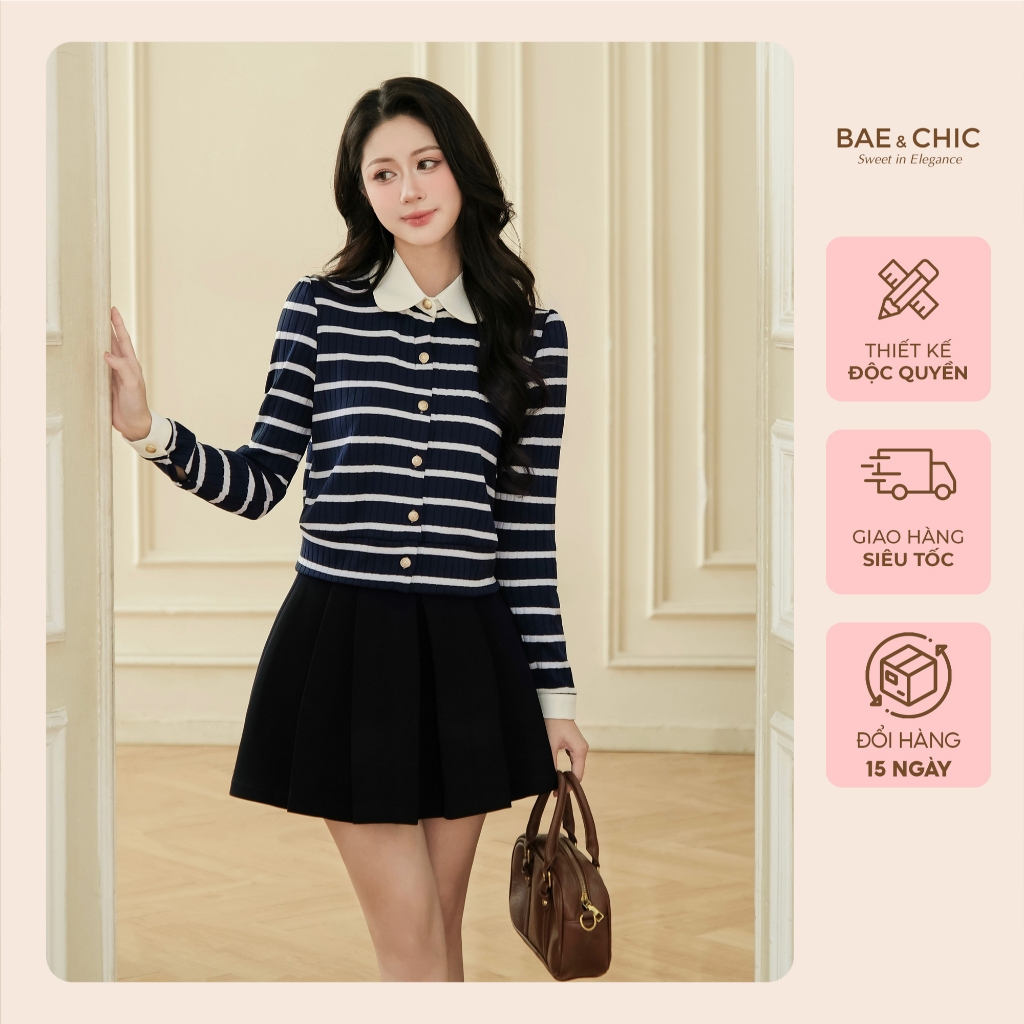 Áo len cardigan kẻ ngang phối cổ sen Bae Chic, áo len dài tay thu đông phong cách Hàn Quốc AB232