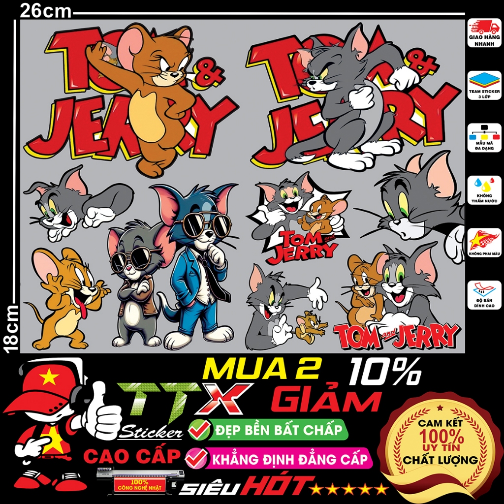 tem decal sticker tom và jerry dán xe điện chống nước - Miếng dán hình icon logo nhiều mẫu trang trí