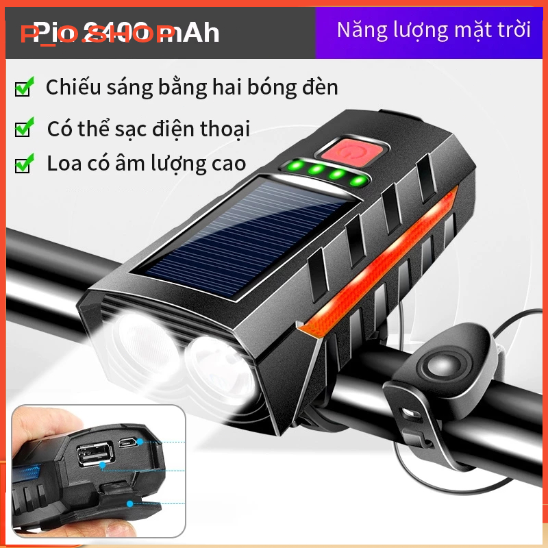 【🔥Rẻ】Đèn pha xe đạp thể thao năng lượng mặt trời sạc dự phòng lượng mặt trời 2000mAh