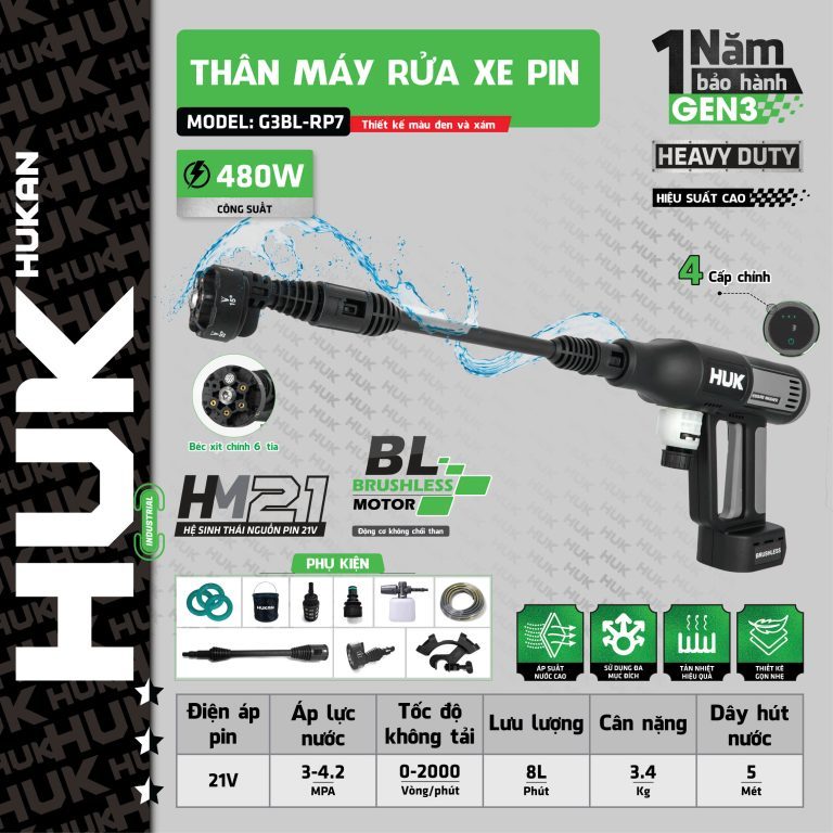 Thân máy rửa xe dùng pin Hukan (GEN 3) G3BL-RP7