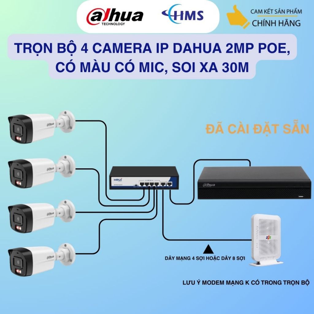 Trọn bộ 4 camera IP Dahua Màu Mic 2MP đầy đủ phụ kiện, chưa kèm dây( MÃ CAM B1E29,T1E29)