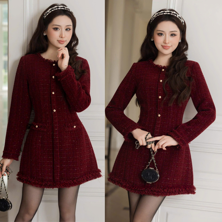 Váy Dạ Tweed Dài Tay Viền Tua Rua Dáng Body Màu Đỏ Mận MELLYSTORE Cao Cấp Đẹp Quyến Rũ ,Sang Trọng
