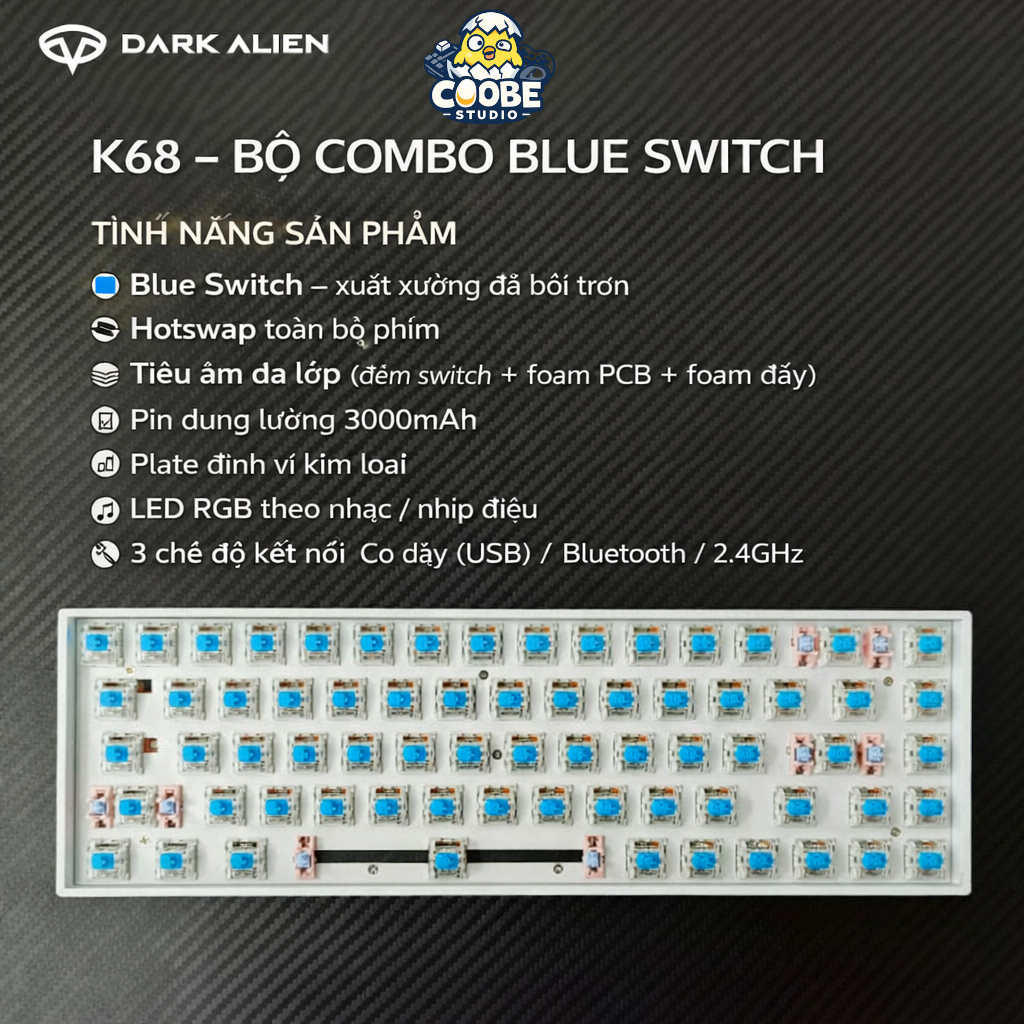 Kit bàn phím cơ Dark Alien K68, 5PIN – 68 phím Bluetooth 3 Mode | Hotswap toàn phím | Custom DIY