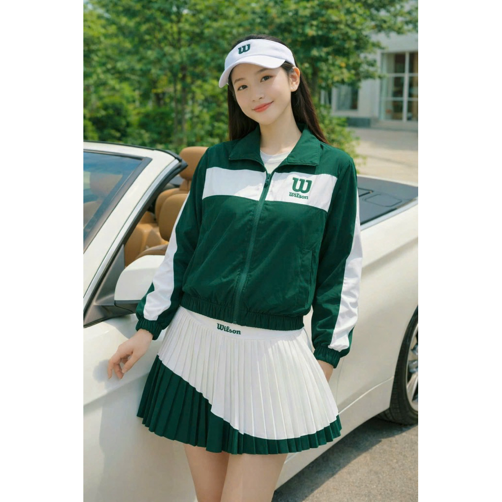 🎾Set Thể Thao Nữ Pickleball Tennis Wilson Áo Khoác Khóa Kéo + Chân Váy Xếp Ly Phối Màu Cao Cấp