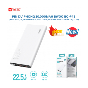 Pin dự phòng 10.000mAh BWOO BO-P43 (Input 5V-1A/2A, 9V-2A Mirco, Output Type-C, USB, màn hình LED hi