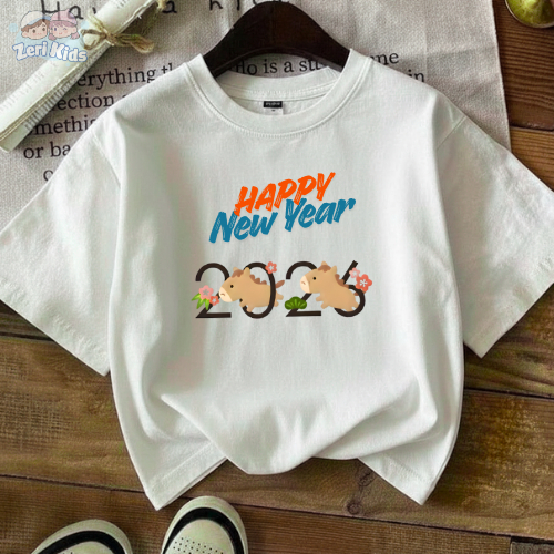 Áo Thun Tết 2026 Cho Bé Zeri Kids Hình 2 Chú Ngựa Con "Happy New Year" Dễ Thương